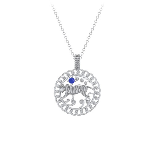 Year of the Tiger Chinese Zodiac Medallion Necklace – Sterling Silver with Blue Sapphire