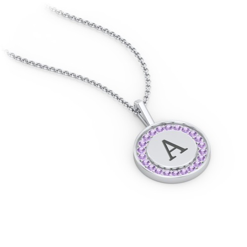 Initial Halo Disc Necklace with Accents – Sterling Silver with Amethyst Premium Zirconia