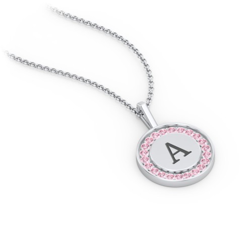 Initial Halo Disc Necklace with Accents – Sterling Silver with Fancy Pink Premium Zirconia