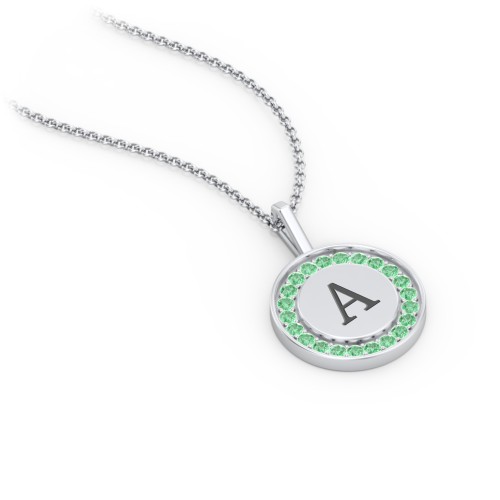 Initial Halo Disc Necklace with Accents – Sterling Silver with Green Premium Zirconia