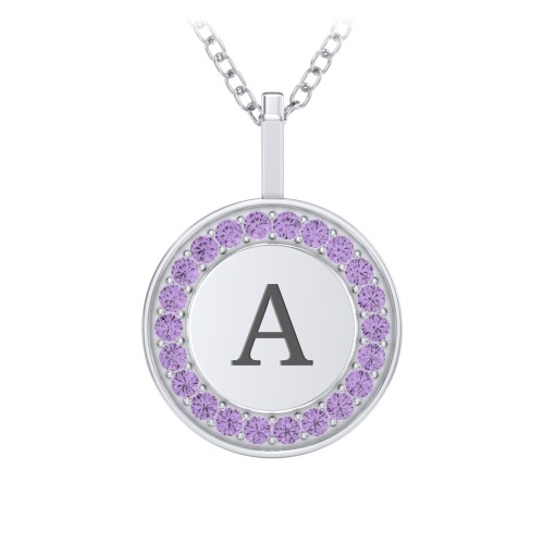 Initial Halo Disc Necklace with Accents – Sterling Silver with Amethyst Premium Zirconia