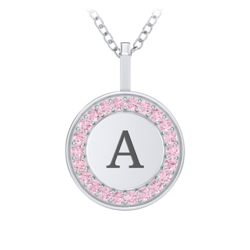 Initial Halo Disc Necklace with Accents – Sterling Silver with Fancy Pink Premium Zirconia