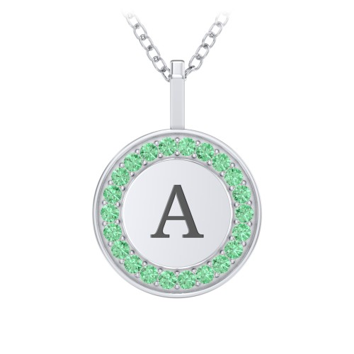 Initial Halo Disc Necklace with Accents – Sterling Silver with Green Premium Zirconia