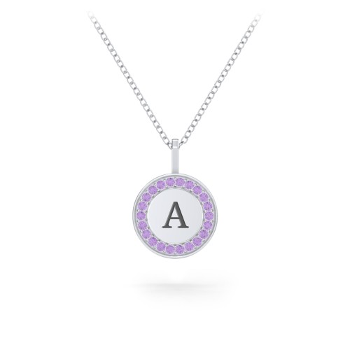 Initial Halo Disc Necklace with Accents – Sterling Silver with Amethyst Premium Zirconia
