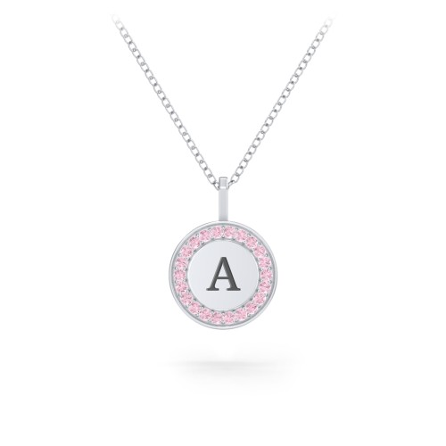Initial Halo Disc Necklace with Accents – Sterling Silver with Fancy Pink Premium Zirconia