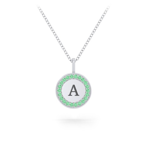 Initial Halo Disc Necklace with Accents – Sterling Silver with Green Premium Zirconia