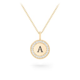 Initial Halo Disc Necklace with Accents in 10K Solid Yellow Gold with Diamond