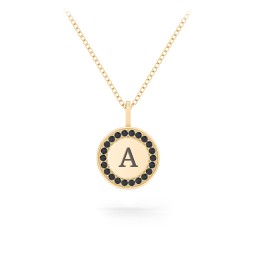 Initial Halo Disc Necklace with Accents in 10K Solid Yellow Gold with Black Premium Zirconia