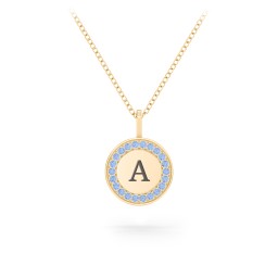 Initial Halo Disc Necklace with Accents in 10K Solid Yellow Gold with Fancy Blue Premium Zirconia