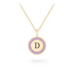 Initial Halo Disc Necklace with Accents in 10K Solid Yellow Gold with Amethyst Premium Zirconia