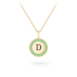 Initial Halo Disc Necklace with Accents in 10K Solid Yellow Gold with Green Premium Zirconia