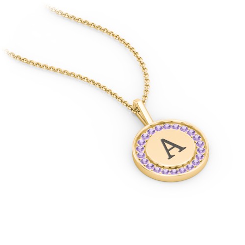 Initial Halo Disc Necklace with Accents – 10K Yellow Gold with Amethyst Premium Zirconia