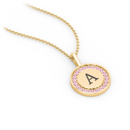 Initial Halo Disc Necklace with Accents – 10K Yellow Gold with Fancy Pink Premium Zirconia