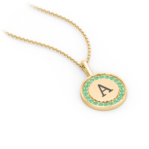 Initial Halo Disc Necklace with Accents – 10K Yellow Gold with Green Premium Zirconia