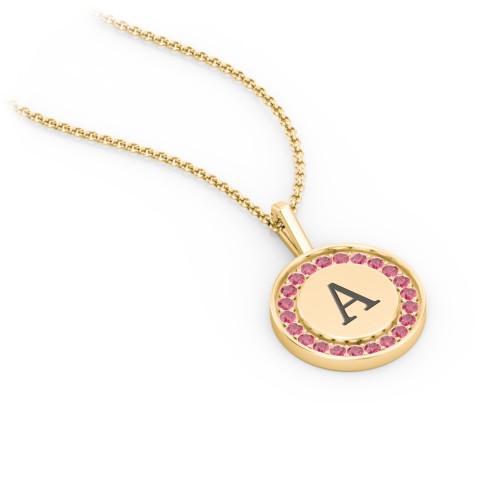 Initial Halo Disc Necklace with Accents – 10K Yellow Gold with Red Premium Zirconia