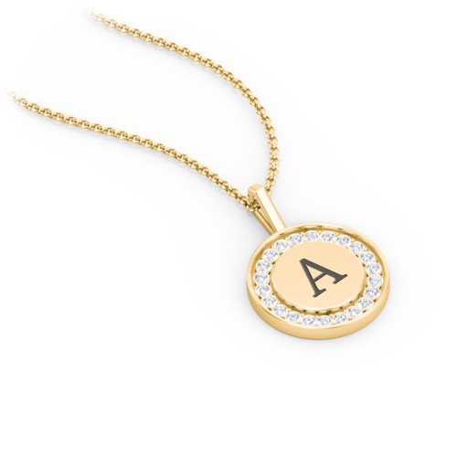 Initial Halo Disc Necklace with Accents – 10K Yellow Gold with White Premium Zirconia