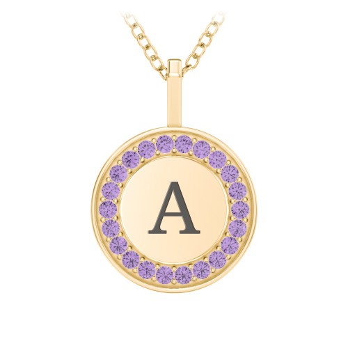 Initial Halo Disc Necklace with Accents – 10K Yellow Gold with Amethyst Premium Zirconia
