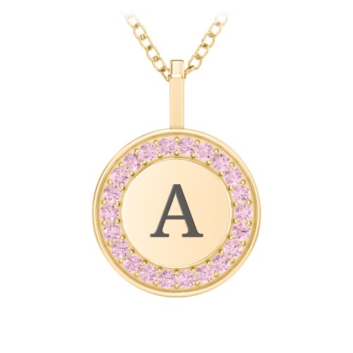 Initial Halo Disc Necklace with Accents – 10K Yellow Gold with Fancy Pink Premium Zirconia