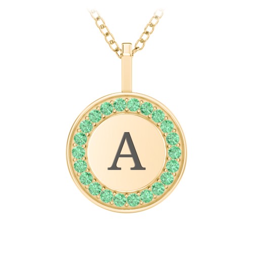Initial Halo Disc Necklace with Accents – 10K Yellow Gold with Green Premium Zirconia