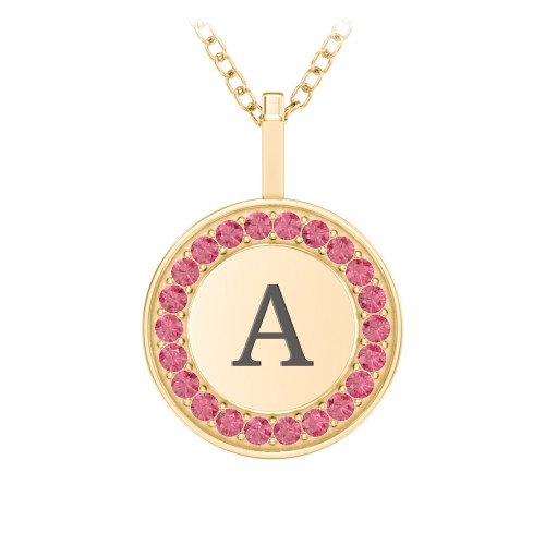 Initial Halo Disc Necklace with Accents – 10K Yellow Gold with Red Premium Zirconia