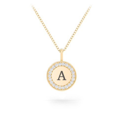 Initial Halo Disc Necklace with Accents – 10K Yellow Gold with Diamond