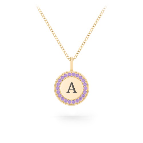 Initial Halo Disc Necklace with Accents – 10K Yellow Gold with Amethyst Premium Zirconia