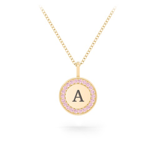 Initial Halo Disc Necklace with Accents – 10K Yellow Gold with Fancy Pink Premium Zirconia