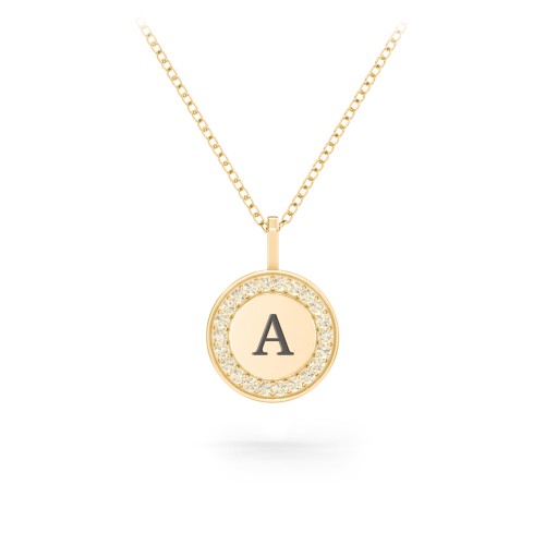 Initial Halo Disc Necklace with Accents – 10K Yellow Gold with Fancy Yellow Premium Zirconia