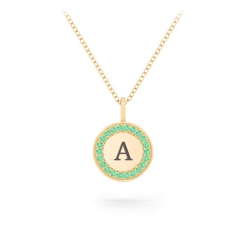 Initial Halo Disc Necklace with Accents – 10K Yellow Gold with Green Premium Zirconia