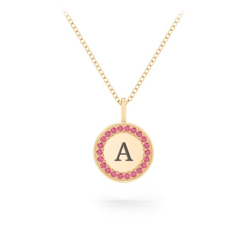 Initial Halo Disc Necklace with Accents – 10K Yellow Gold with Red Premium Zirconia