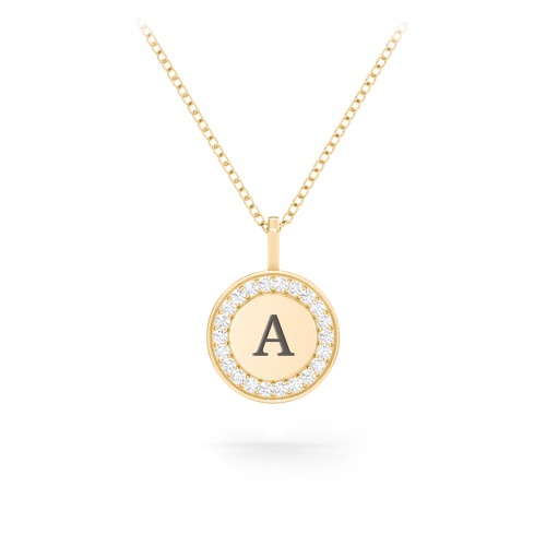 Initial Halo Disc Necklace with Accents – 10K Yellow Gold with White Premium Zirconia