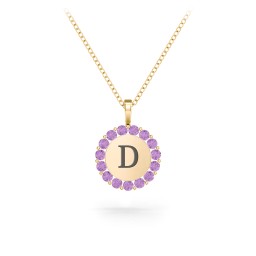Initial Halo Disc Necklace with Gemstones in 10K Solid Yellow Gold with Amethyst