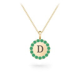Initial Halo Disc Necklace with Gemstones in 10K Solid Yellow Gold with Emerald