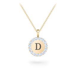 Initial Halo Disc Necklace with Gemstones in 18K Gold Plated Silver with Aquamarine