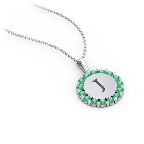 Initial Halo Disc Necklace with Gemstones – Sterling Silver with Emerald
