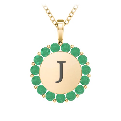 Initial Halo Disc Necklace with Gemstones – 10K Yellow Gold with Emerald