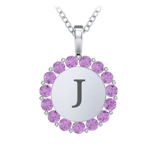 Initial Halo Disc Necklace with Gemstones – Sterling Silver with Amethyst