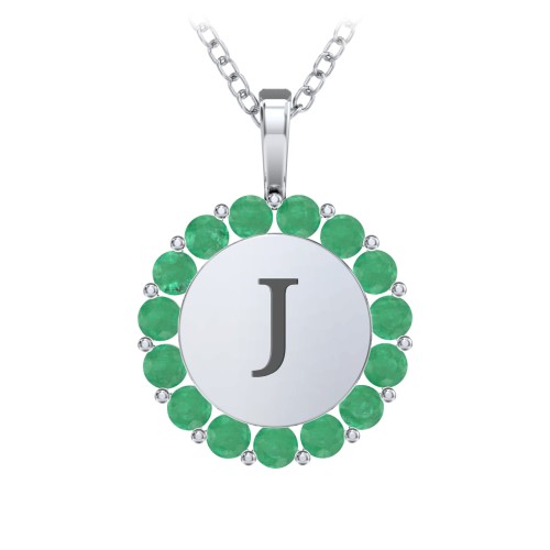 Initial Halo Disc Necklace with Gemstones – Sterling Silver with Emerald