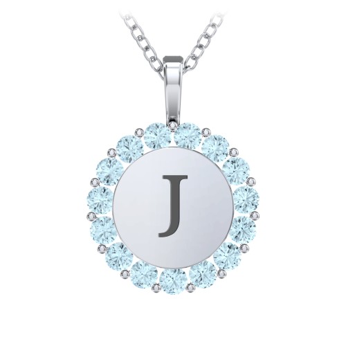 Initial Halo Disc Necklace with Gemstones – Sterling Silver with Blue Topaz