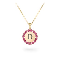 Initial Halo Disc Necklace with Gemstones in 18K Gold Plated Silver with Ruby
