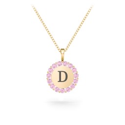 Initial Halo Disc Necklace with Gemstones in 18K Gold Plated Silver with Pink Tourmaline