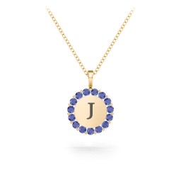 Initial Halo Disc Necklace with Gemstones in 18K Gold Plated Silver with Blue Sapphire