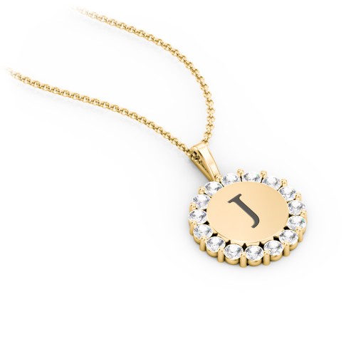 Initial Halo Disc Necklace with Gemstones – 18K Gold Plated Silver with Cubic Zirconia
