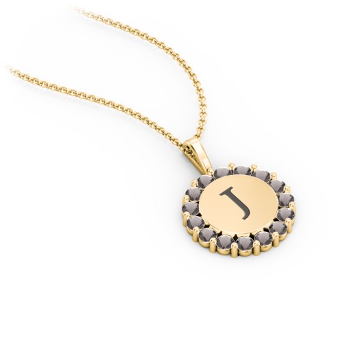 Initial Halo Disc Necklace with Gemstones – 18K Gold Plated Silver with Smokey Quartz