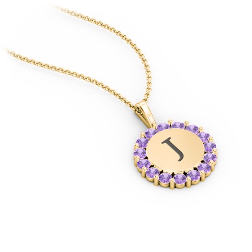 Initial Halo Disc Necklace with Gemstones – 18K Gold Plated Silver with Amethyst