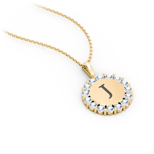 Initial Halo Disc Necklace with Gemstones – 18K Gold Plated Silver with Aquamarine