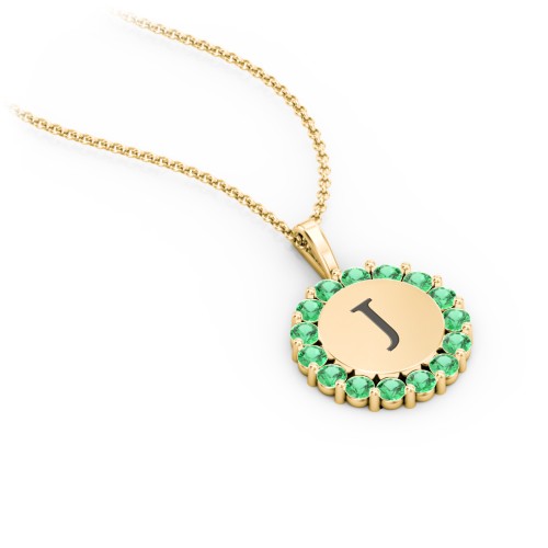 Initial Halo Disc Necklace with Gemstones – 18K Gold Plated Silver with Emerald