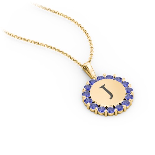 Initial Halo Disc Necklace with Gemstones – 18K Gold Plated Silver with Blue Sapphire