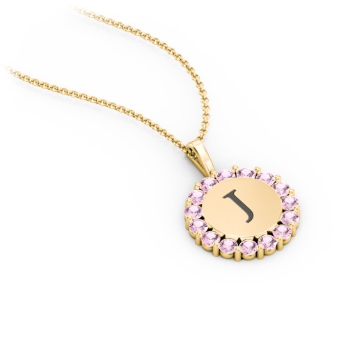 Initial Halo Disc Necklace with Gemstones – 18K Gold Plated Silver with Pink Tourmaline