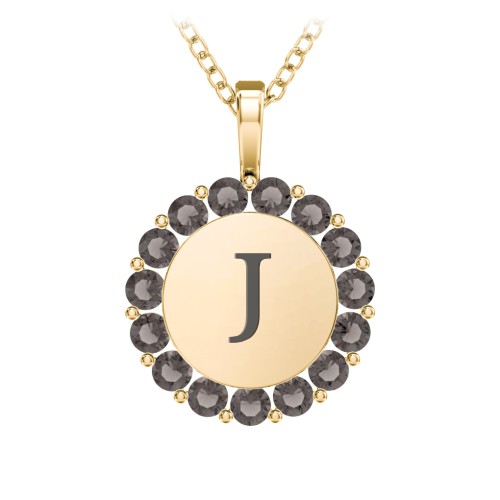 Initial Halo Disc Necklace with Gemstones – 18K Gold Plated Silver with Smokey Quartz